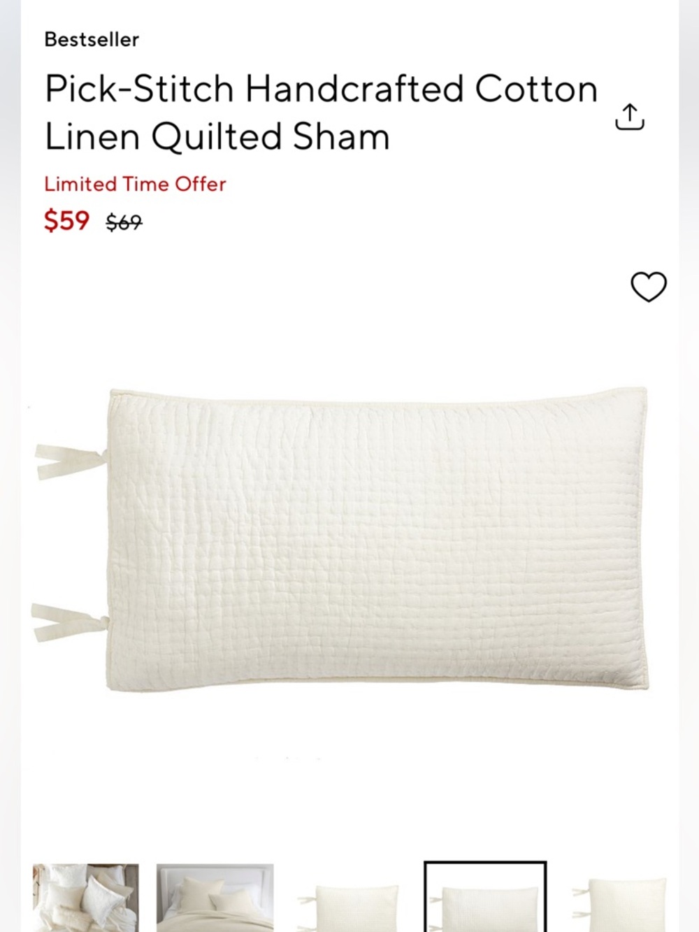 Pottery Barn Ivory Pick-Stitch Quilted Cotton-Linen Sham King